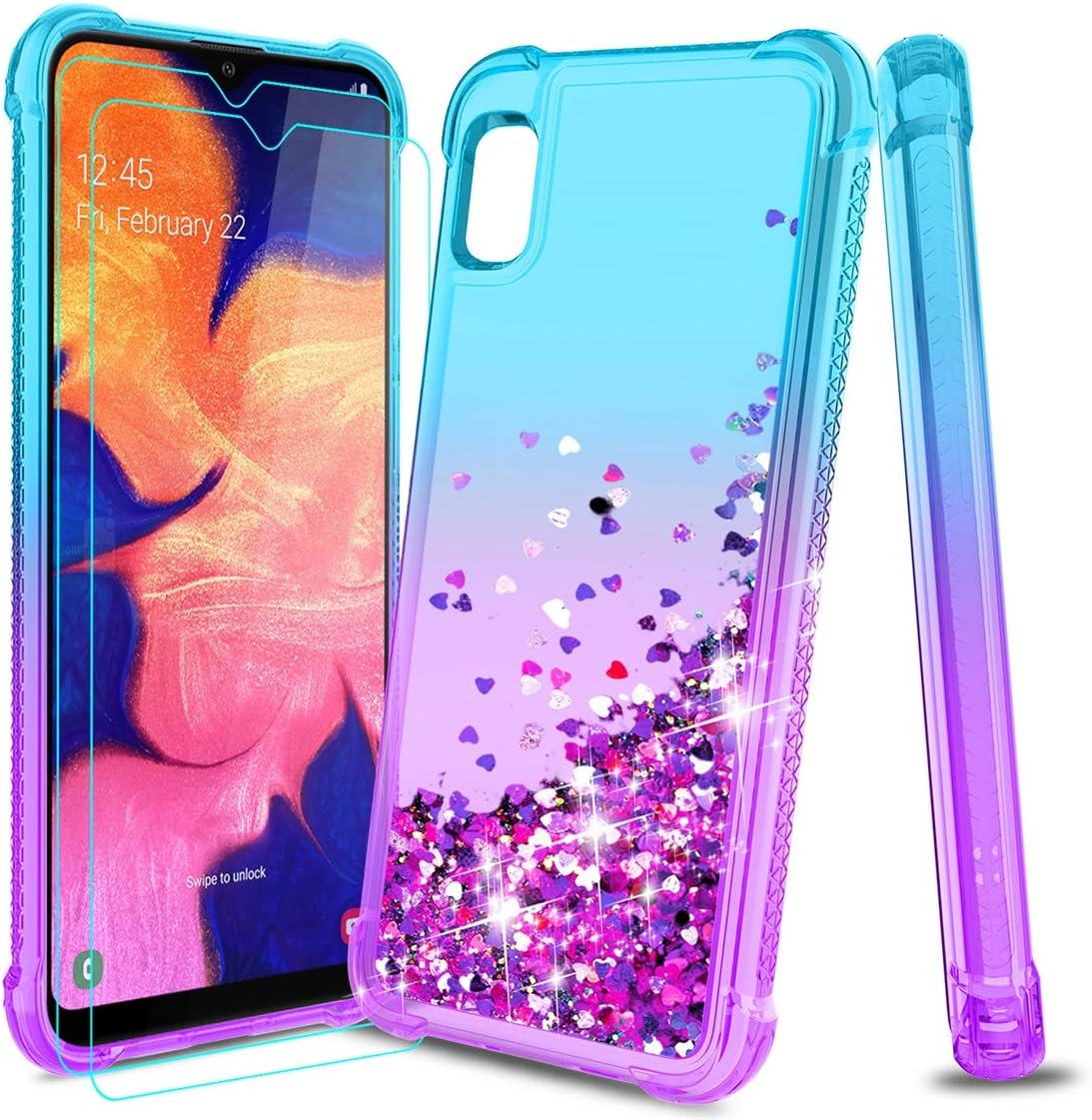 Tmacker Samsung Galaxy A10E Case,Samsung Galaxy A10E Phone Case with 2 PCS HD Soft Screen Protector,TPU Glitter Quicksand Shockproof Protective Phone Cover for Girls Women-Teal/Purple