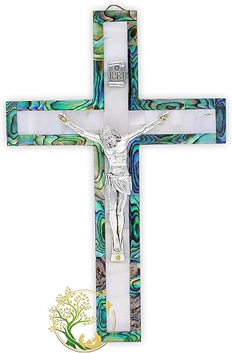 Miniatura 7 de Pequeña cruz decorativa de pared de nácar hecha a mano en Tierra Santa | Crucifijo de pared de madera de olivo | Cruz católica de madera | Hecho por