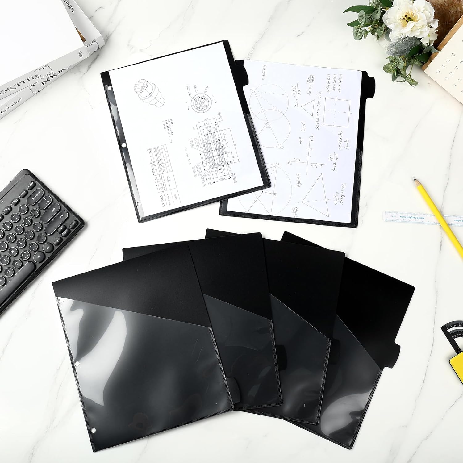 Epakh 48 Pcs Binder Dividers for 3 Rings Binders Index Dividers with Two Clear Pockets Plastics Sheets Protectors with Tab Labels for School Office Organization (Black)