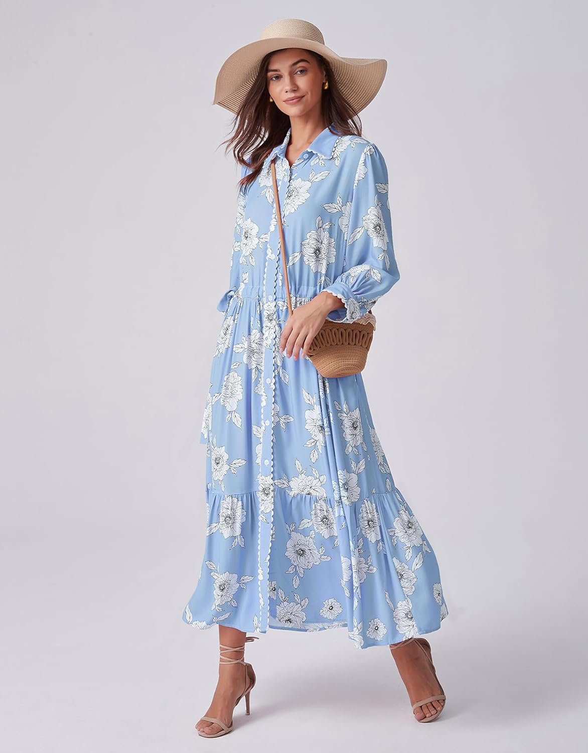 Kedera Womens Maxi Shirt Dress Floral Fall Collared 3/4 Long Sleeve Button Down Drawstring Waist Midi Dresses Winter - Image 7