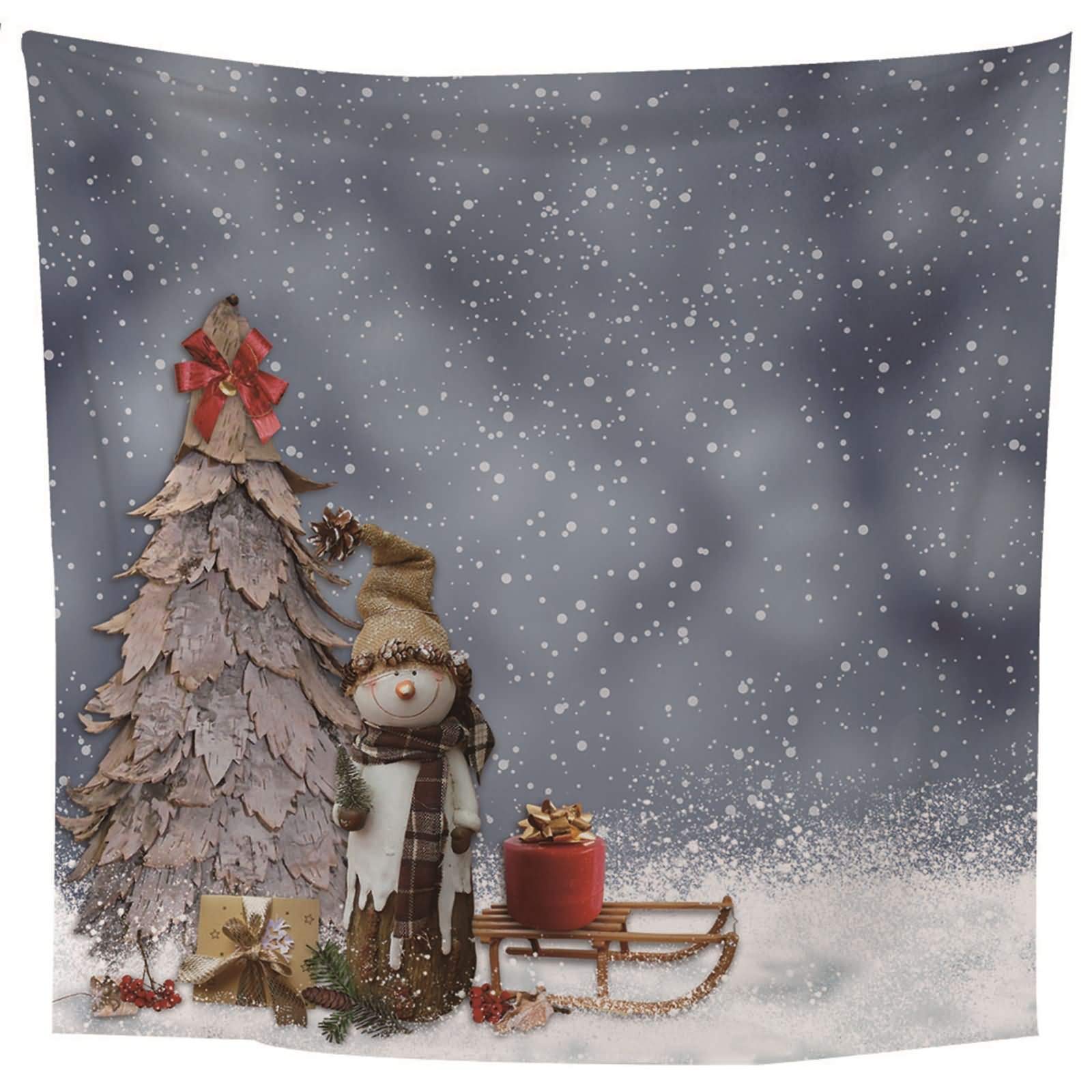 Tenture murale chambre style mode avec motif arbres et bonhomme de neige blanc en toile