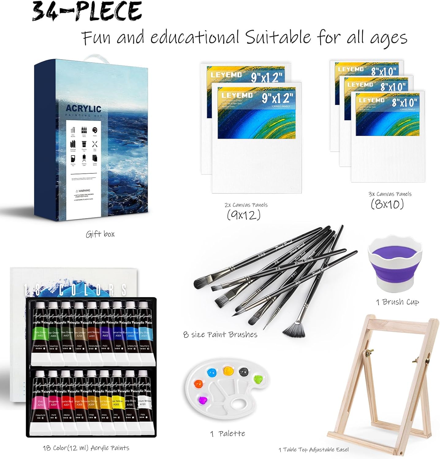 LEYEMO Acrylic Paint Set for Kids, Art Supplies Painting Kit with18 Acrylic Paints, 5 Canvas, 8 Paint Brushes, Easel, Palette ETE, Paint Set Gifts for Adults & Artist