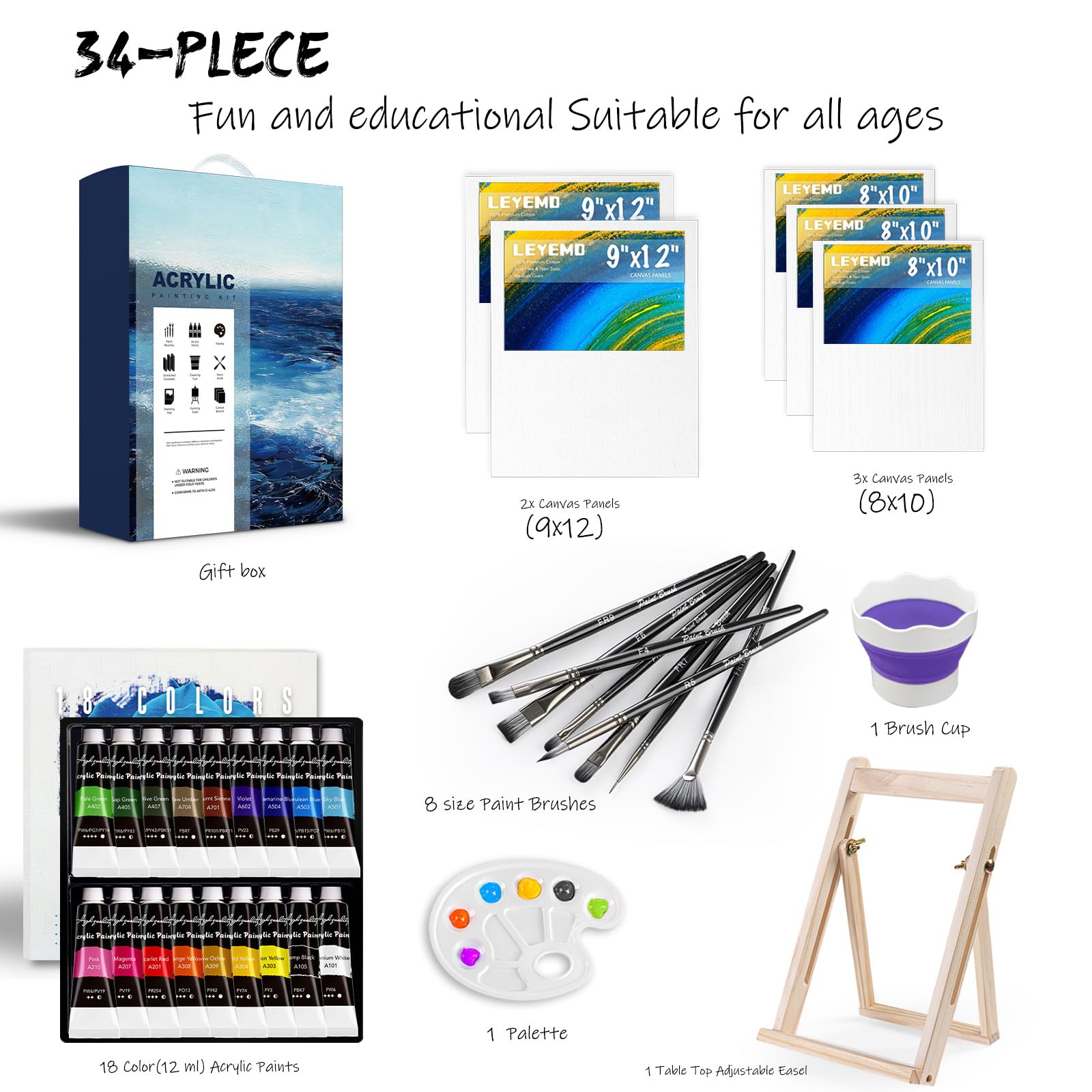 LEYEMO Acrylic Paint Set for Kids, Art Supplies Painting Kit with18 Acrylic Paints, 5 Canvas, 8 Paint Brushes, Easel, Palette ETE, Paint Set Gifts for Adults & Artist