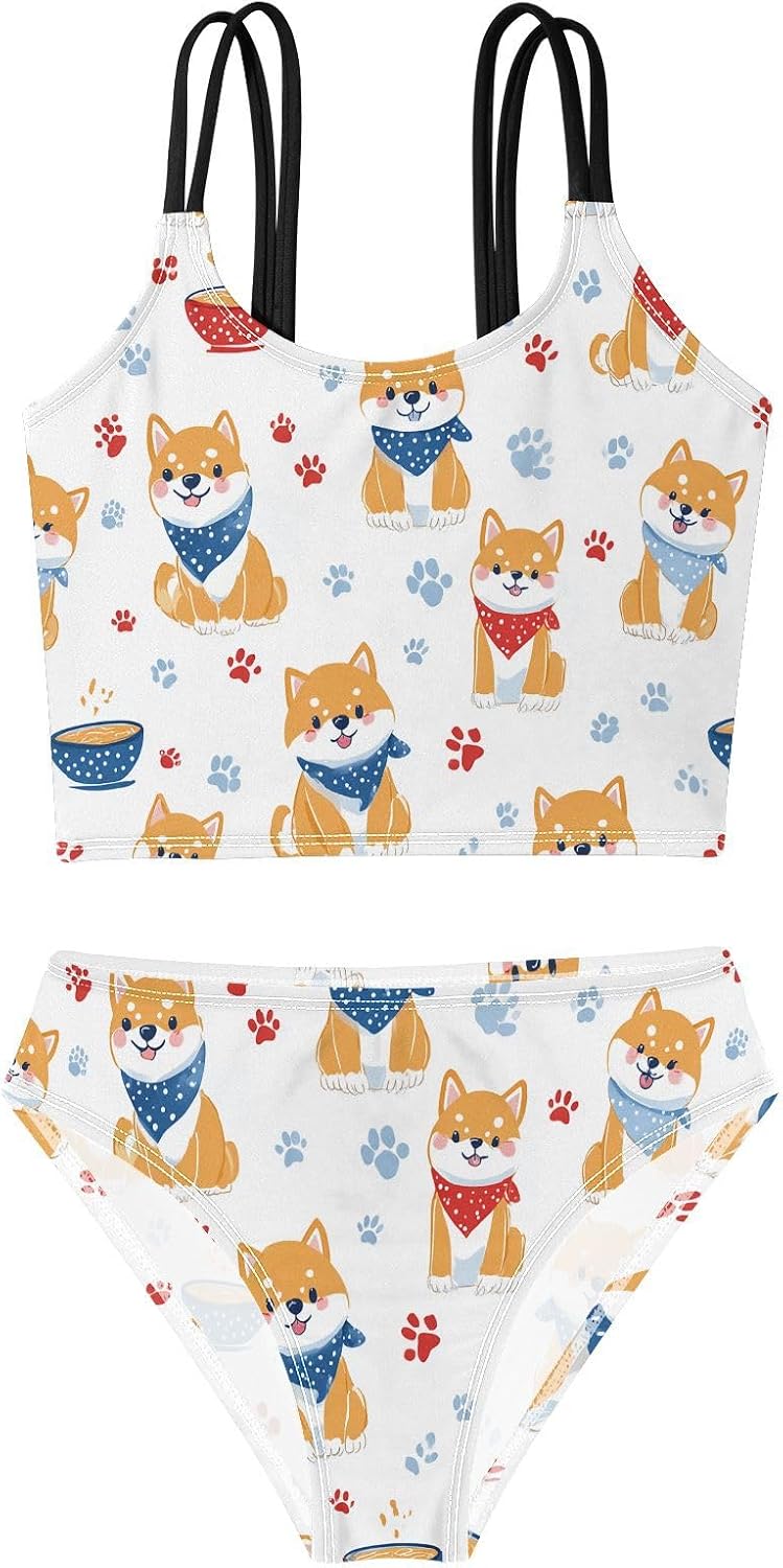 visesunny Girls Two Piece Swimsuits Shiba Inu Scarf Girl's Bikini Sets Bathing Suits for Girls Size 5-12Y