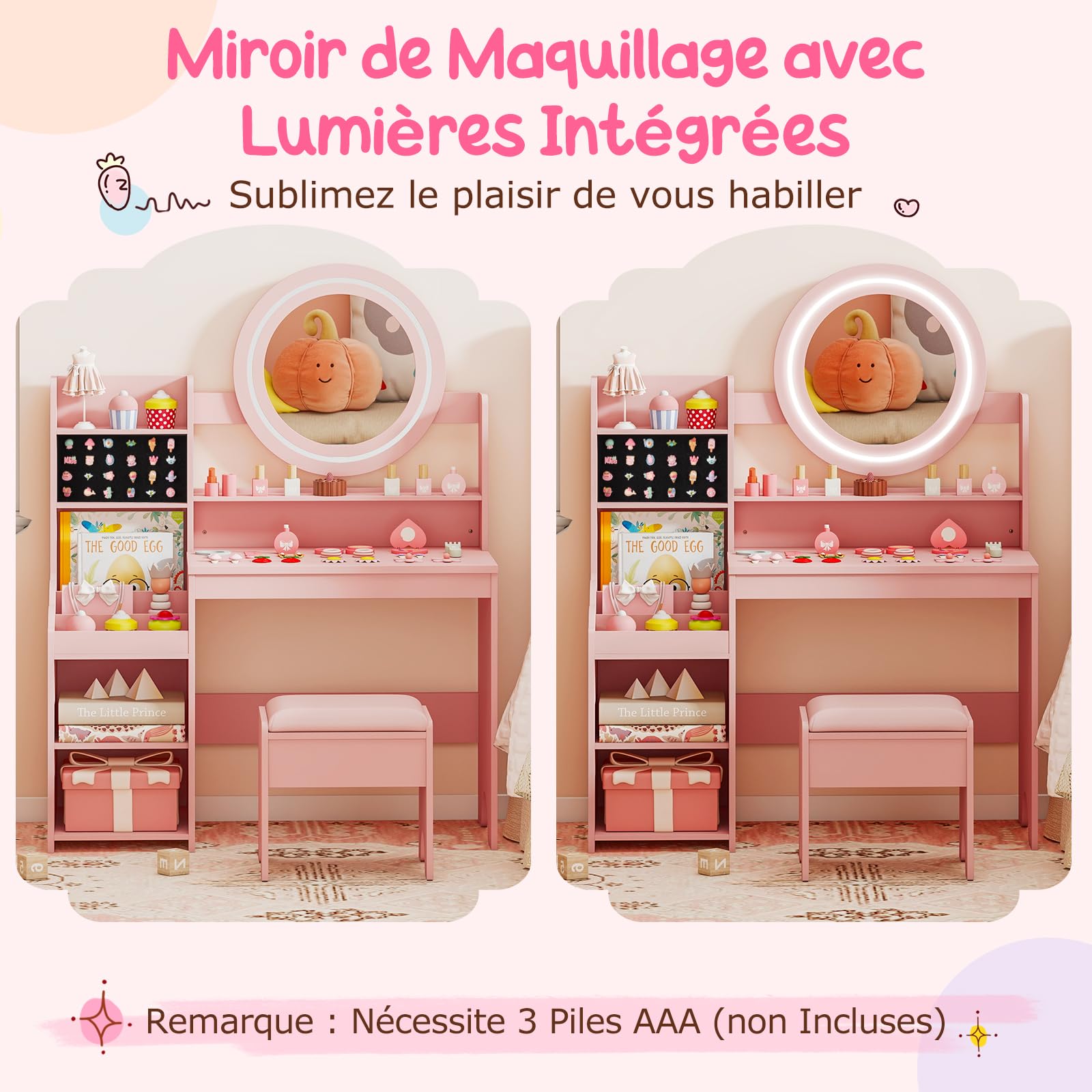 COSTWAY Coiffeuse Enfant Fille avec Tabouret et Miroir Lumineux, Bureau Enfant avec 4 Étagères Ouvertes et 3 Compartiments, Emplacements pour Bagues, Dispositif Anti-basculement pour 3 Ans+ (Rose)