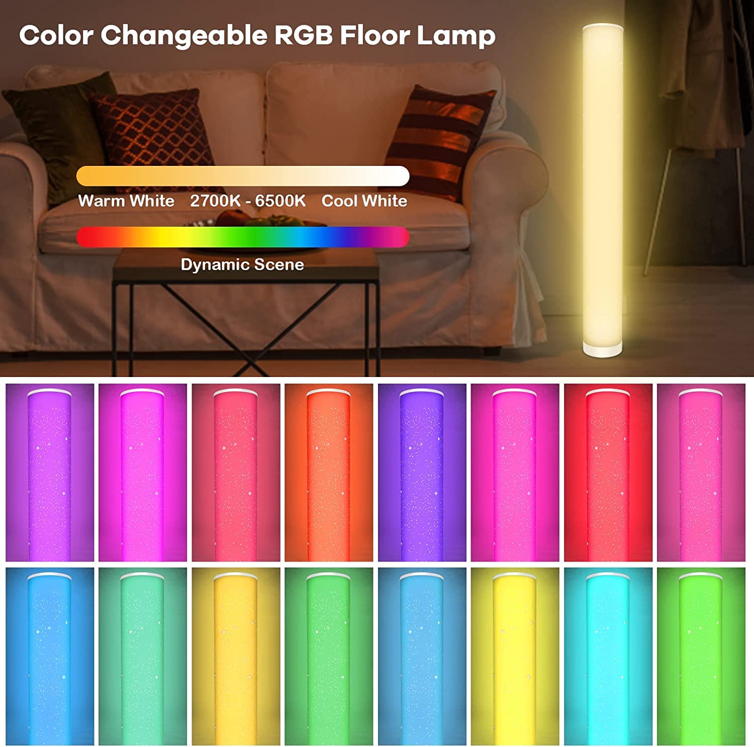 Lacasa 2 Pack Lampada da Terra LED RGB Dimmerabile con Telecomando, 10W 1500LM Smart Corner Lampada da Terra Moderna per Soggiorno Camera da Letto, Altezza 104CM