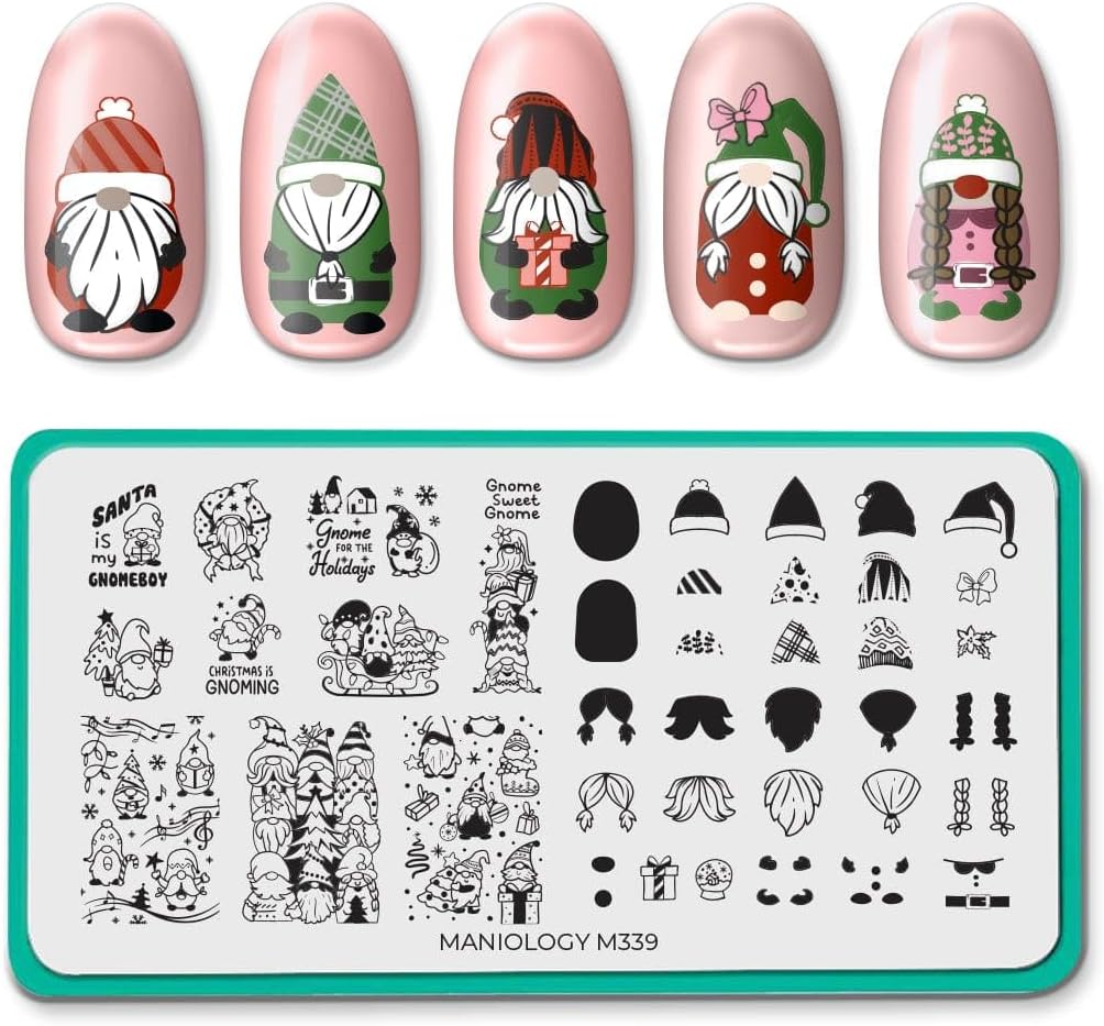 Maniology Gnome Alone Nail Stamping Plate | Winter-Themed Designs, Elf Ornaments Patterns - Reusable, Rectangular, Stainless Steel Nail Art Template for Festive Holiday DIY Manicures