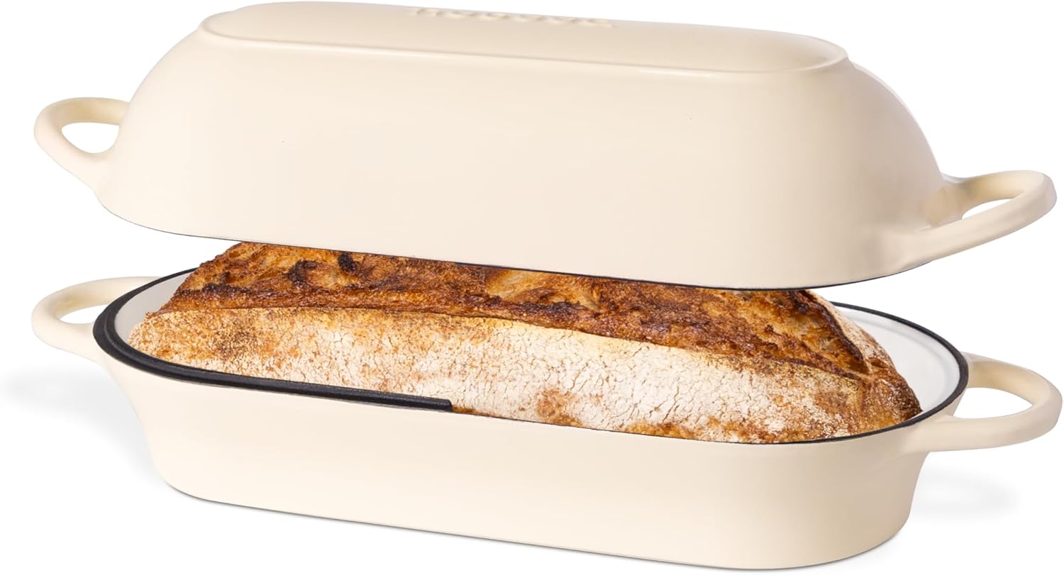 Enamelled Cast Iron Bread Loaf Pot – Dutch Oven For Sourdough Bread Baking – Oven Safe Non Stick Bread Pot – Rectangular, Cream, 34cm x 16cm – by Nuovva