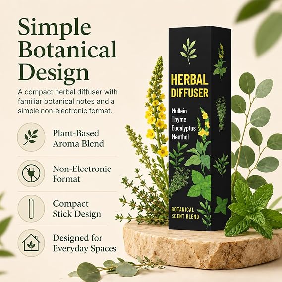 Herbal Diffuser Pen, Plant-Based Mullein, Thyme, Eucalyptus & Mint Botanical Scent, Non-Electronic Aroma Accessory for Home, Office, Desk & Travel Bag