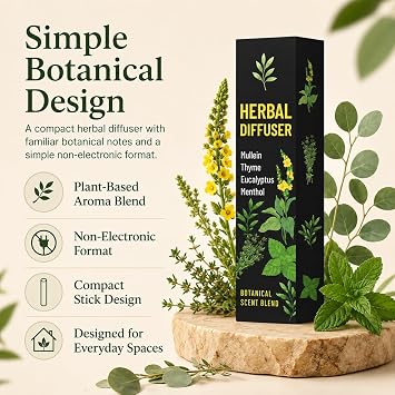 Herbal Diffuser Pen, Plant-Based Mullein, Thyme, Eucalyptus & Mint Botanical Scent, Non-Electronic Aroma Accessory for Home, Office, Desk & Travel Bag