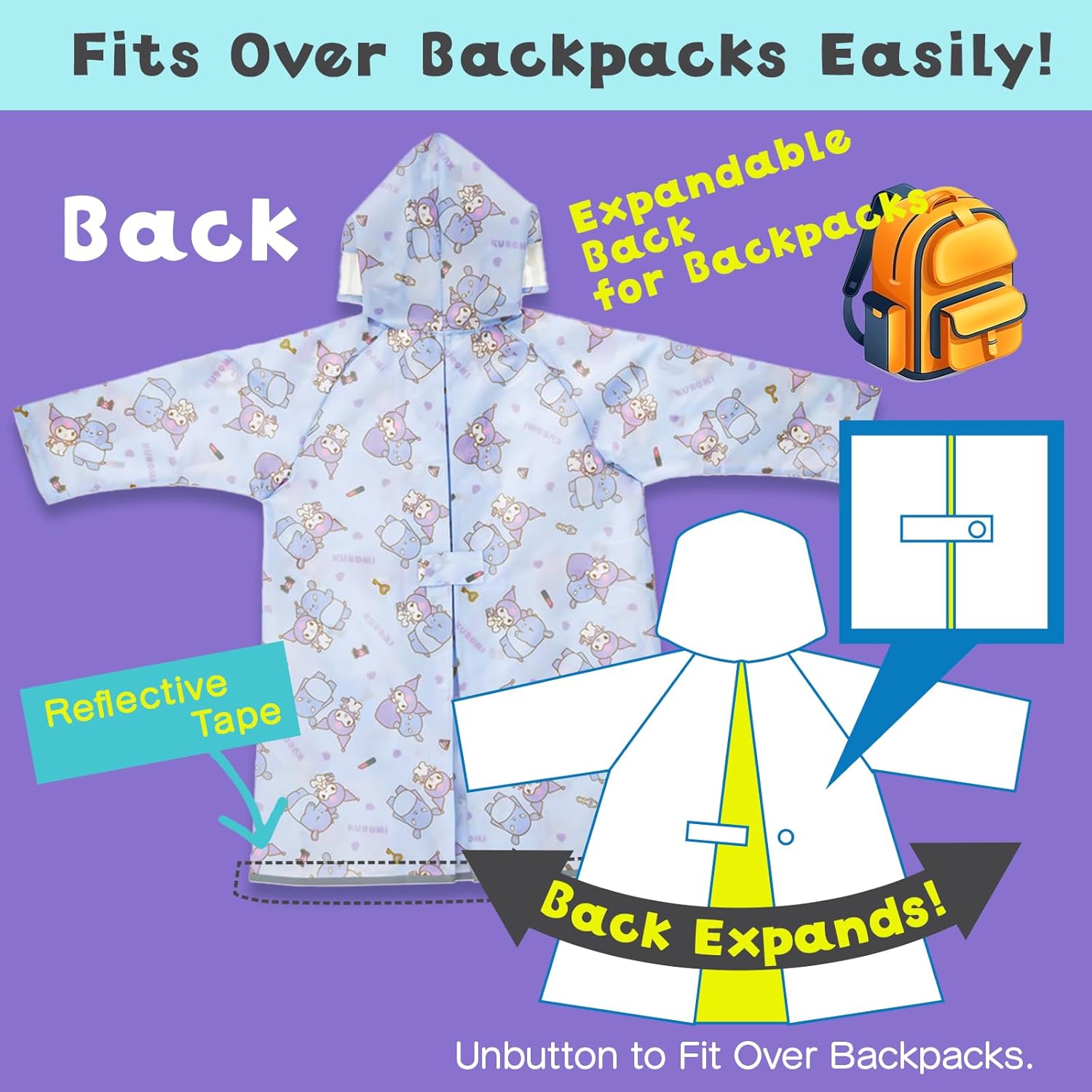 Skater KUROMI Character Rain Jacket for 43"-49" Height and Folding Umbrella 37" Set for Girls 5-7 Years Old Lavender [from Japan]