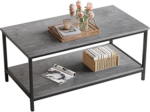 SAYGOER Mesa de Centro con Almacenamiento, Mesa Central Industrial de 2 Niveles para Sala de Estar, Mesa Rectangular de Madera para Espacios