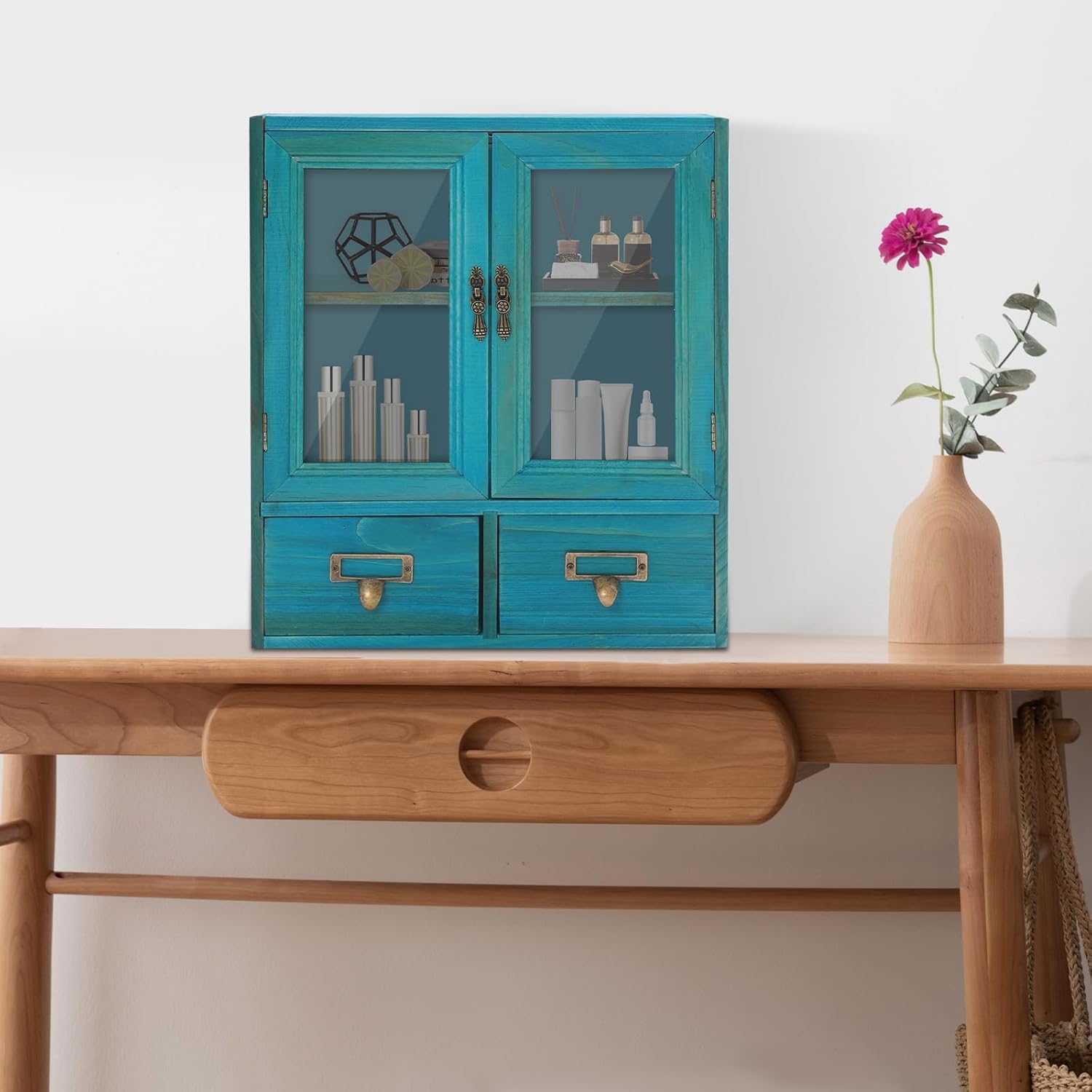 2 Tier Apothecary Cabinet with 2 Drawers, Storage Cabinet with Glass Doors Double Door Wooden Desk Top Organizer Cabinets for Living Room, Study (Blue)