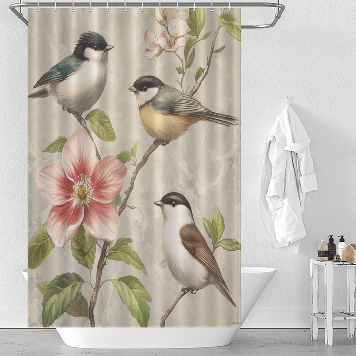 Farmhouse Bird Shower Curtain, Tree Branch Flower Bathroom Curtain for Rustic Farmhouse Bath Decor, 36 x 72 in