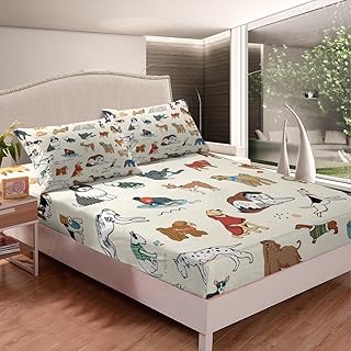 Homewish Cute Dog Fitted Sheet Queen Size Family Pet Doggy Bedding Set 3Pcs for Kids Girls Boys Adult Room Decor Cartoon Animals Bed Sheet Colorful Spotted Dog Puppy Deep Packet Sheet,2 Pillowcase