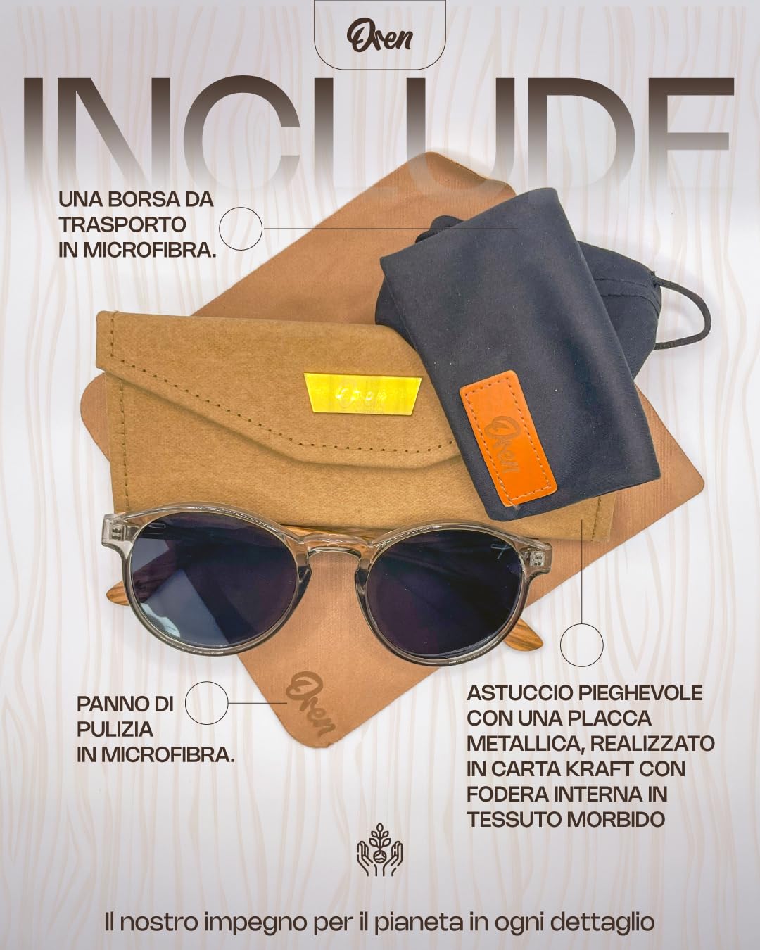 Oren Innovations Occhiali da Sole Uomo Donna Polarizzati UV400, Aste in Vero Legno Zebrawood, Montatura PET Riciclato, Leggeri, per Guida, Mare e Viaggi