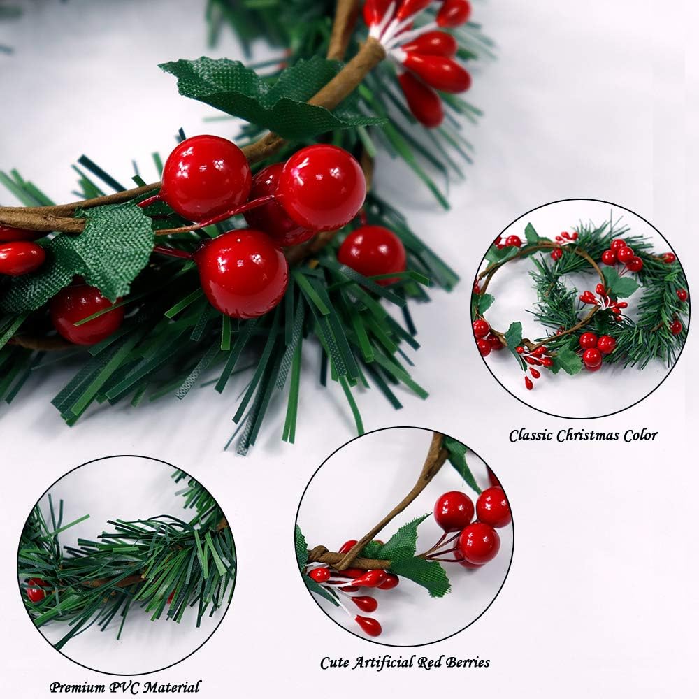 YBB 8Pcs Christmas Candle Rings Holder, Small Artificial Red Berry Wreaths | 2 Styles, PVC Faux Greenery, Fits 3 Inch Pillars Candle Tapers, Christmas Centerpiece, Rustic Wedding Table Decor