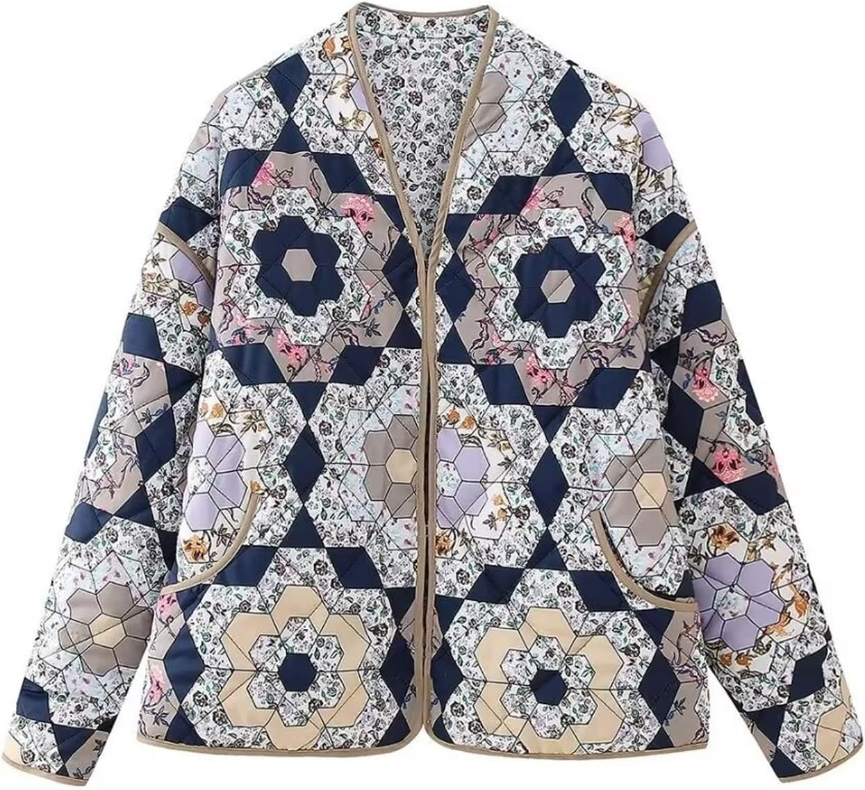 Women's Cropped Puffer Quilted Jacket, Vintage Floral Printed, Lightweight Open Front Short Jacket Coat Outwear
