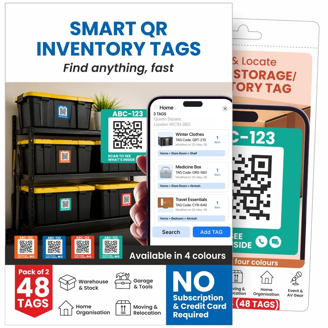 Call & Locate Inventory Smart QR Code Labels | Color Coded Scannable Stickers for Storage Bins, Moving Containers & Organization | Pack and Track Inventory on iOS & Android App- Pack of 48-image-1
