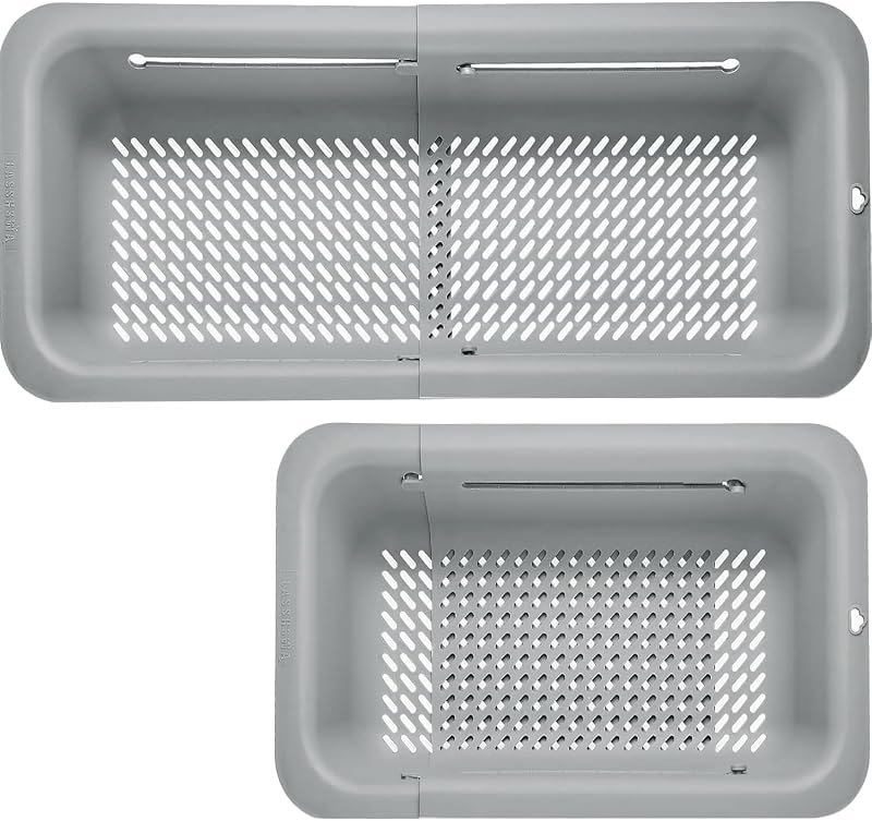 LASSHSWA Colador plegable para cocina, colador sobre el fregadero para cocina, colador de alimentos para pasta de frutas, colador de plástico expandible sin BPA (gris)