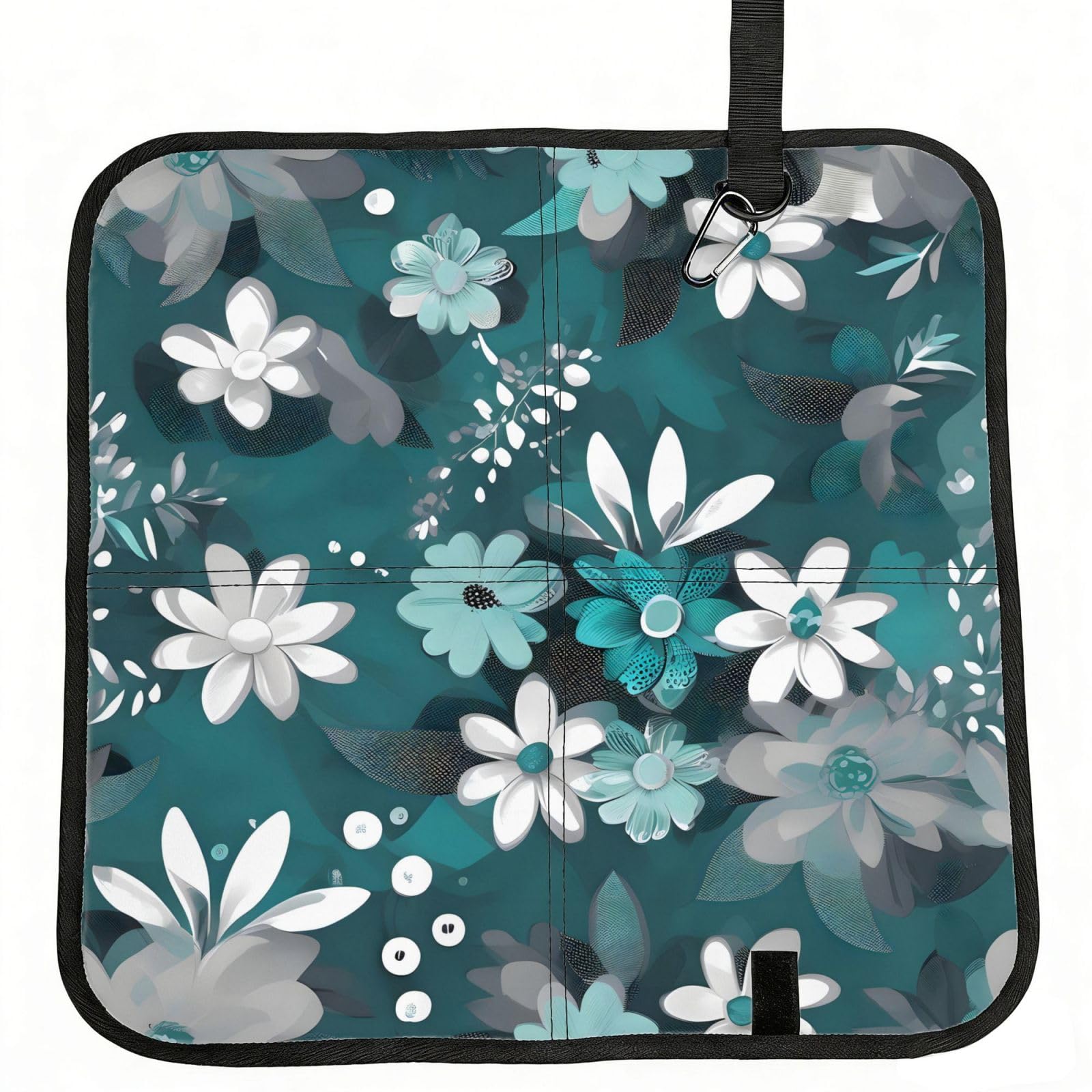 WZYCWB Teal Grey and White Floral Foldable Seating Cushion with Carabiner - Stadium Mat for Camping, Hiking and Outdoor Activities