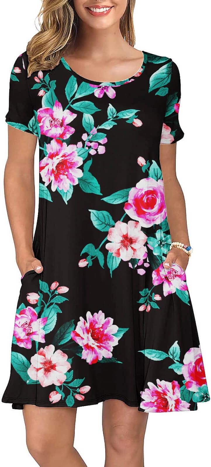 KORSIS Summer Dress for Women Casual T-Shirt Short Sleeve Dresses Swing Flowy Beach Vacation Sundress with Pockets