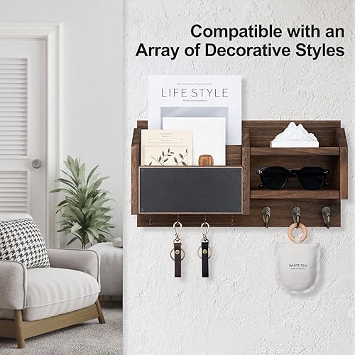 Miniatura 2 de Soporte para correo y llaves, colgador de llaves de pared con estante y 7 ganchos de metal, organizador decorativo de madera de paulownia natural