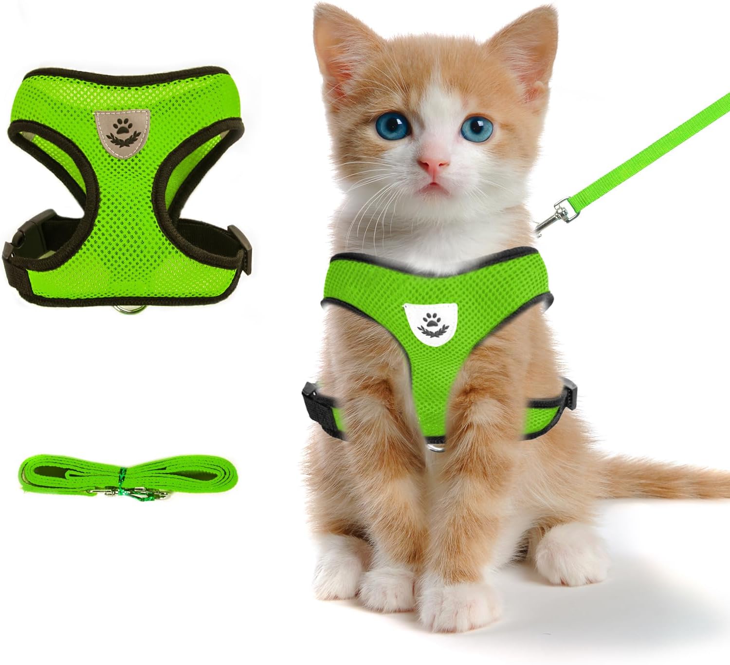 Green Cat Harness and Leash Set, Soft Mesh Adjustable Reflective, Size S