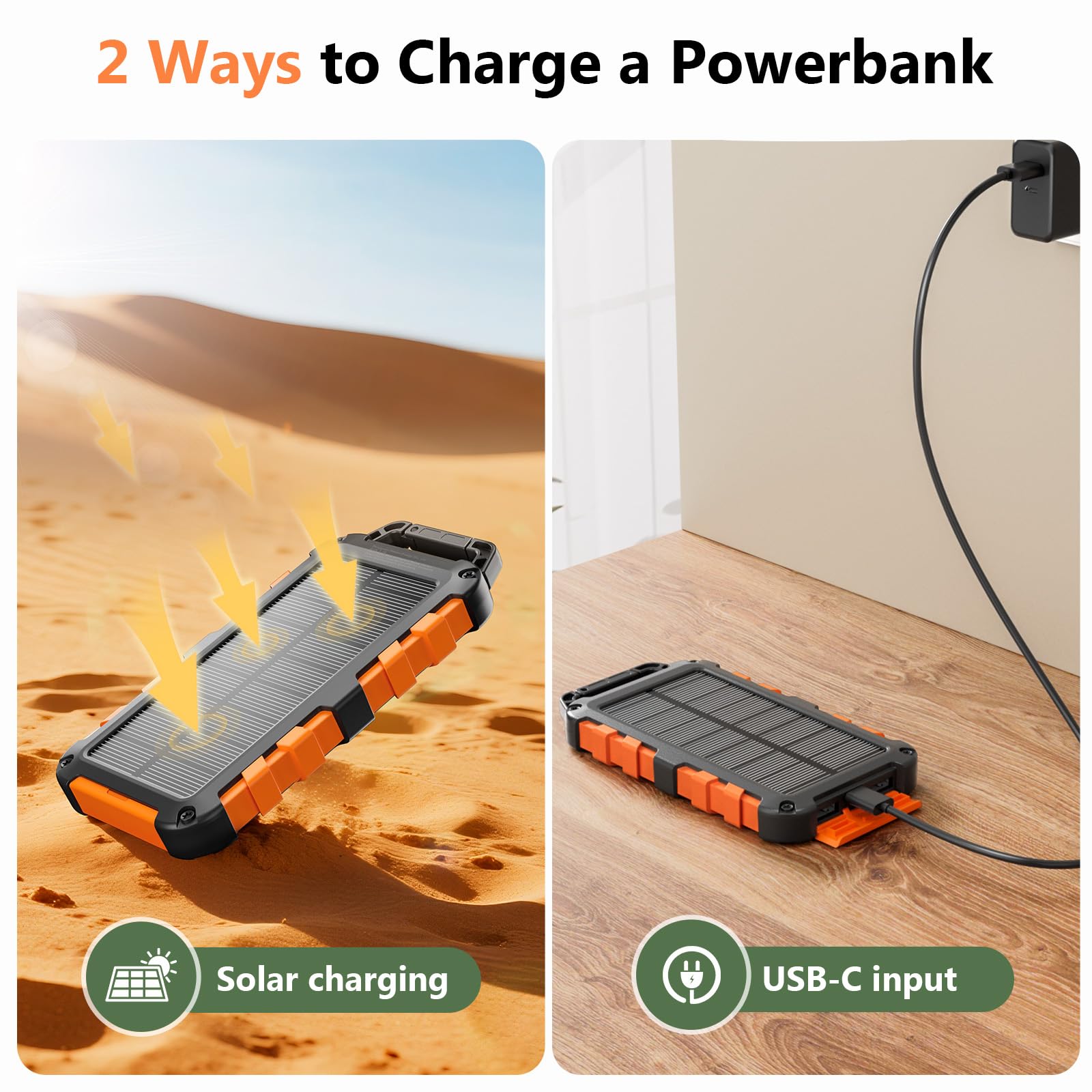 Power Bank Solare 10000mAh, PD15W Caricatore Solare Portatile USB C 3,0A Batteria Esterna 2 Uscite e 2 Ingresso con Luci LED Rapida per Smartphone, Tablet, Campeggio Ecc