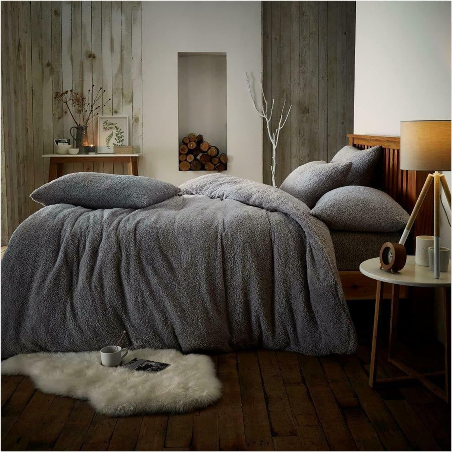 Lions Silver Teddy Bear Bedding Set - Fluffy Thermal Warm Cosy Teddy Fleece Bedding With Pillowcase, Sherpa Quilt Covers, Single Bed Size, 137X200cm