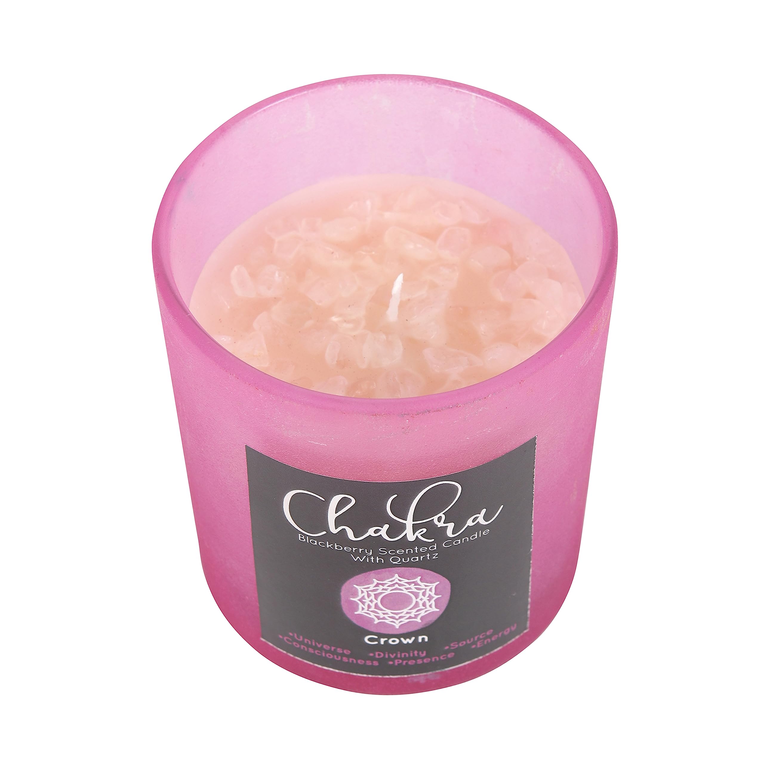 Crown Chakra BlackBerry Crystal Chip Candle | Pink Glass Holder | Clear Quartz Chips | Spiritual Fragranced Candle
