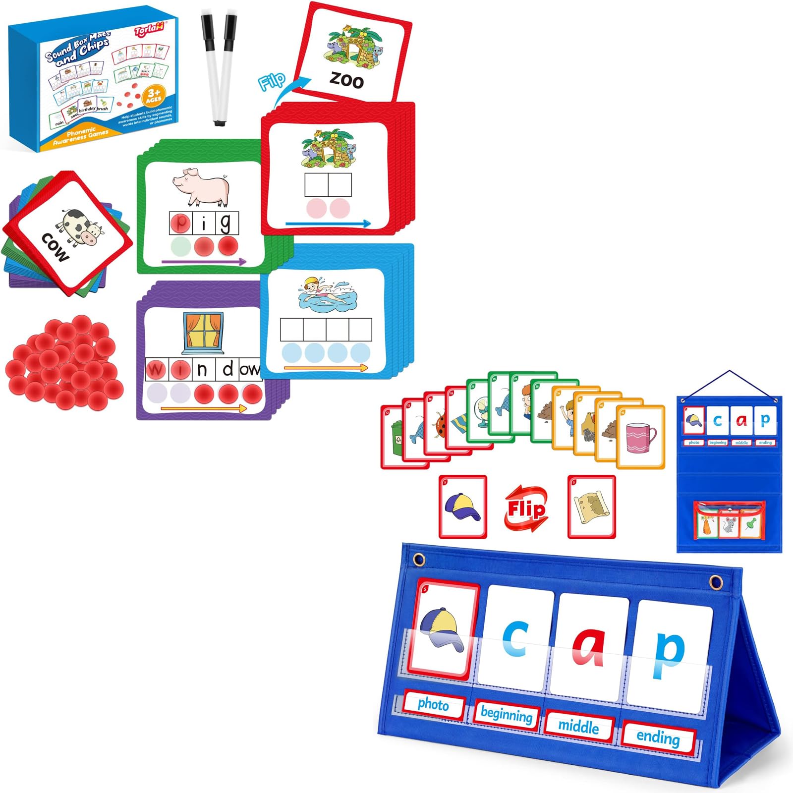Torlam Elkonin Boxes Phonemic Awareness Phonics Games Sight Words Flash Cards, CVC Word Games Pocket Chart Phonics Games, Spelling Reading Learning Flashcards Kindergarten Classroom Must Have