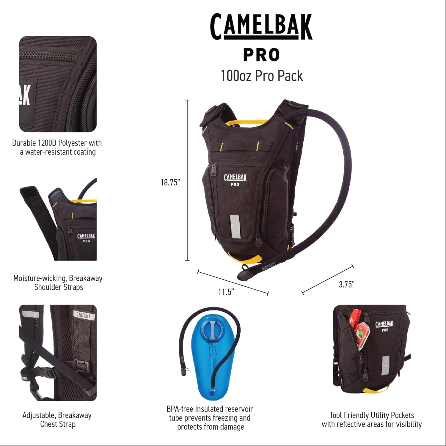 CamelBak Pro Hydration Backpack | Durable | Lightweight | Reflective | Construction | Rugged | Mesh Back Panel | Chest Strap
