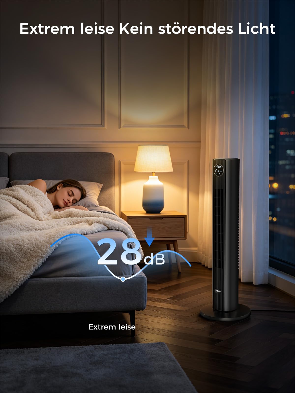 YASHE Turmventilator 90 cm mit Fernbedienung, leiser Standventilator 28 dB, 3 Geschwindigkeiten, 4 Modi, 85° Oszillation, LED-Touch-Display, 12 Std. Timer