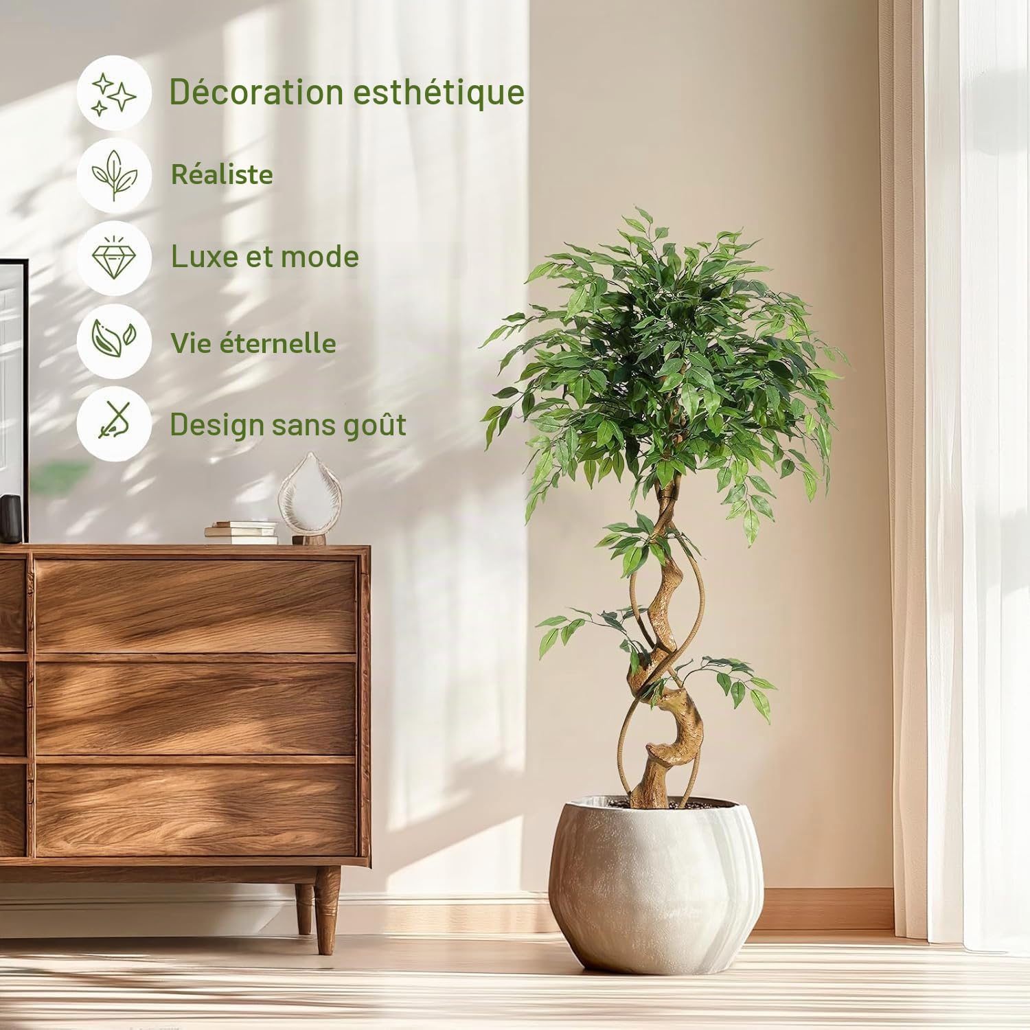 Plantes Artificielles Interieur, 120cm Ficus Arbre Vert Artificielle avec Pot Blanc Fausse Plante Interieur Idéal Maison Décoration pour Chambre Cuisine Salon Bureau Balcon