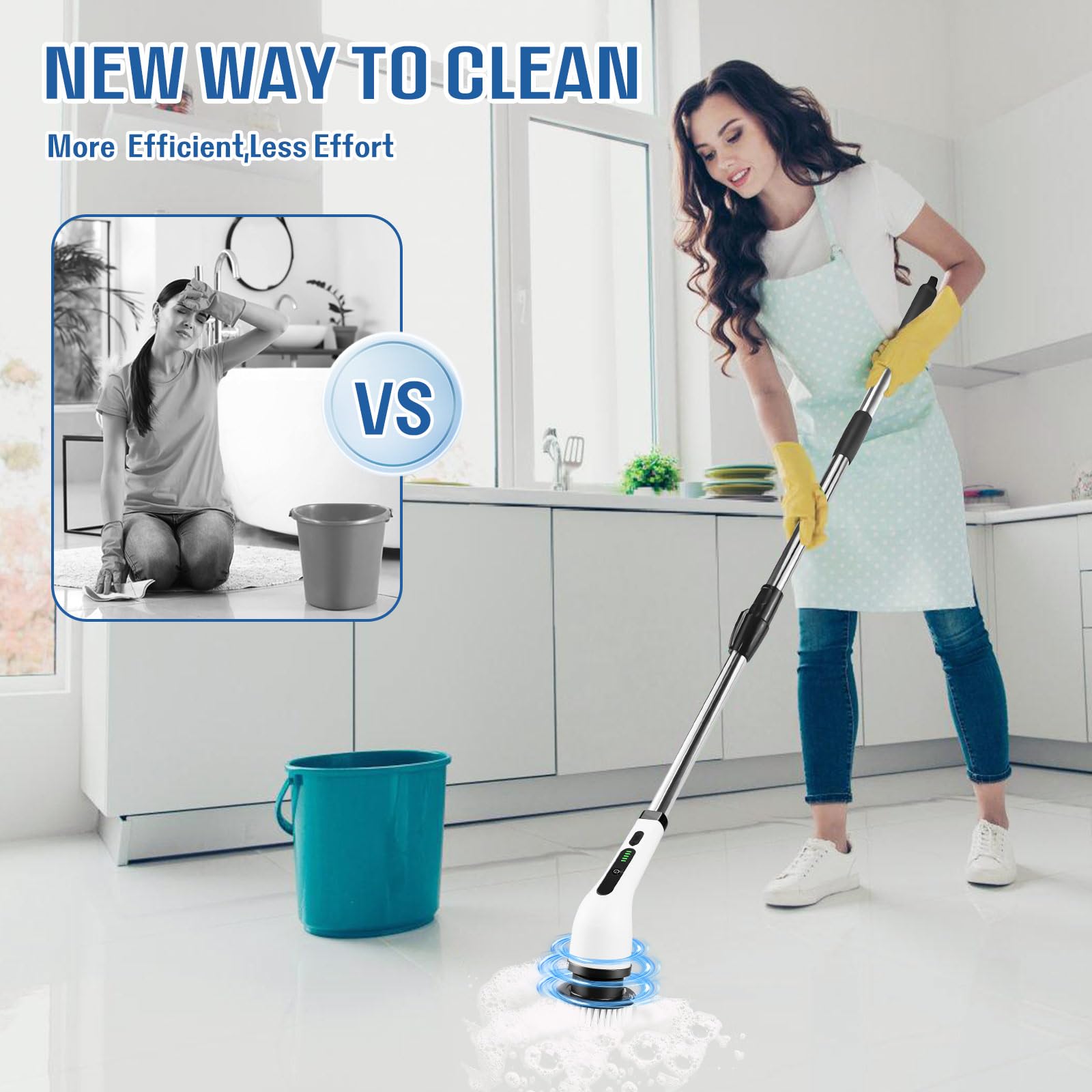 Cepillo Electrico Limpieza Hogar Kit, Escoba Limpieza Fregadora Electrica, con 7 Cabezales de Cepillo de Repuesto, Power Scrubber con Mango Ajustable, para Baño, Suelo de Baldosas, Coche