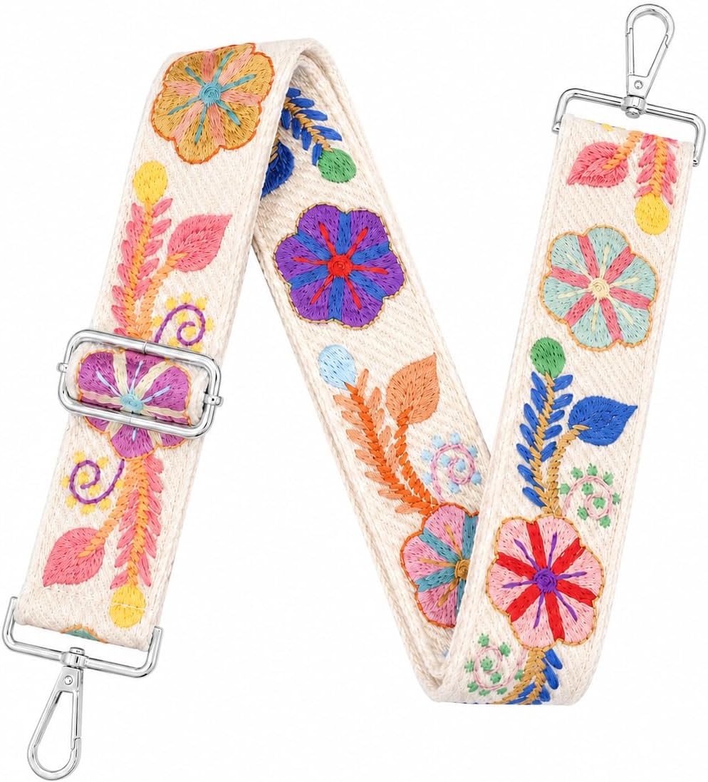 AUMAITON 2 Inch Wide Silver Buckle Embroidery Flower Purse Straps Replacement Crossbody, Adjustable Long 29-55 Inch Purse Straps for Women, Bag Strap Crossbody for Purse, Handbags, Bag & Tote