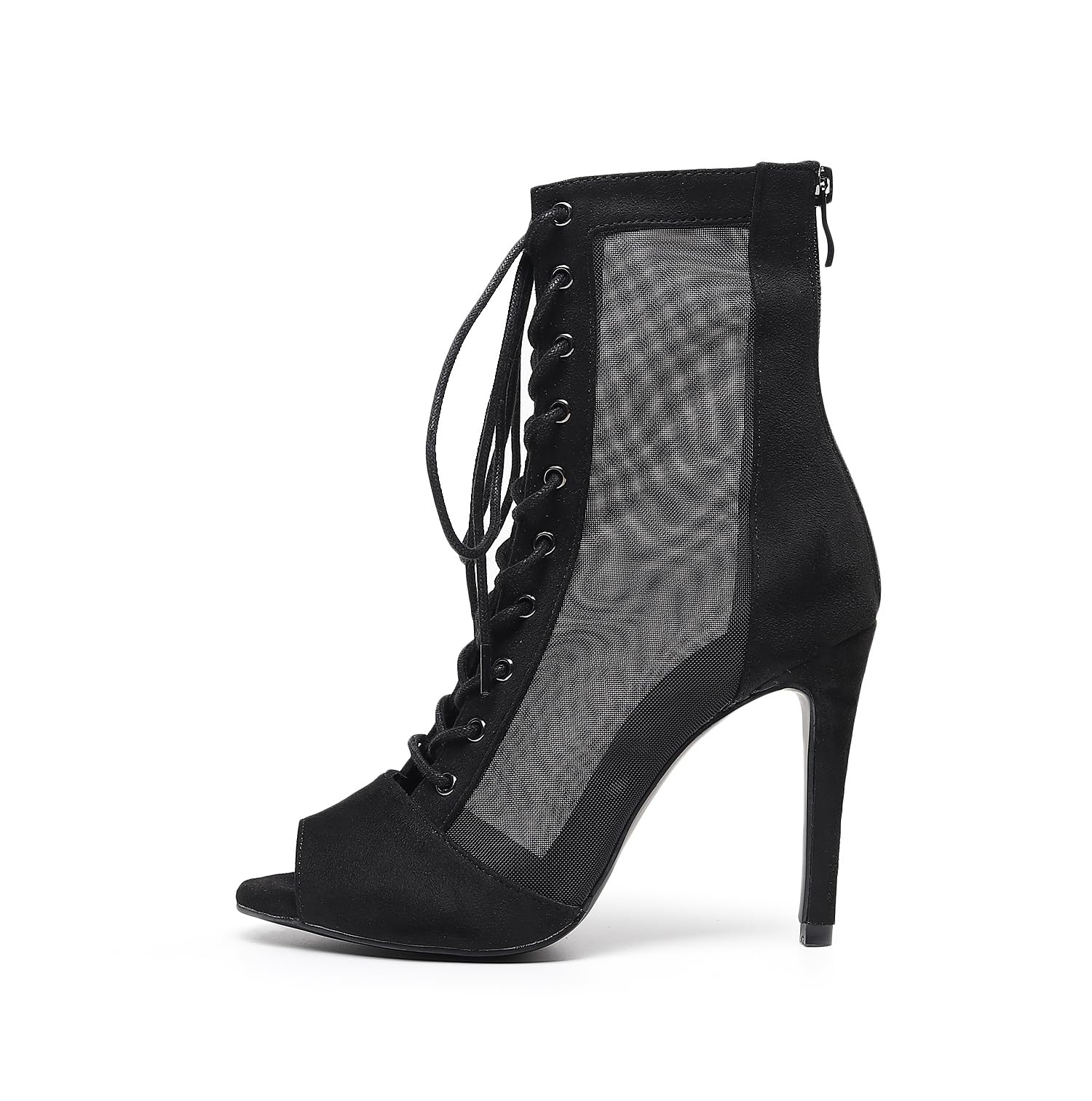 BREXLI Women's Dance Heels Peep Toe Net Yarn Ballroom Salsa Dance Shoes Party High Heel Dance Performance Ankle Dance Boots Heel 3.5 inches(black 7.5)