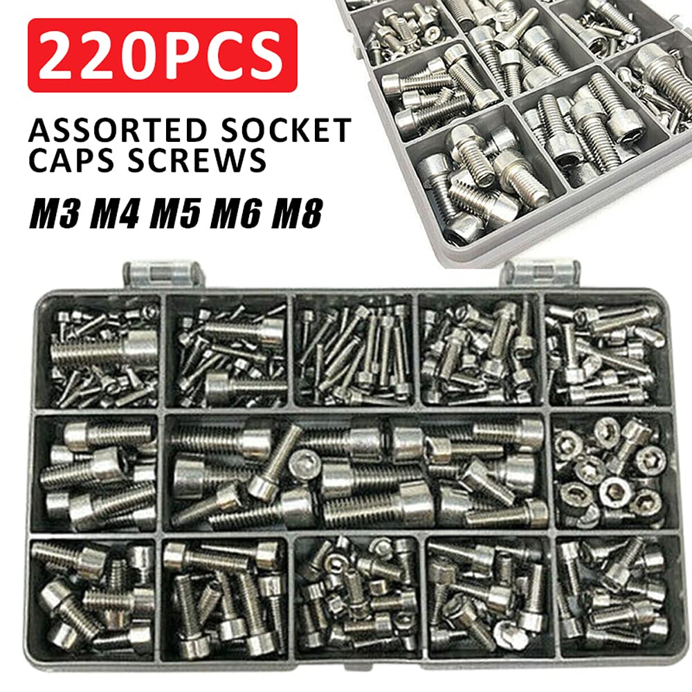 /G 220 Piezas Tornillos de Cabeza Hueca Surtidos Tornillos de Cabeza Hueca métrica de Acero Inoxidable M3 M4 M5 M6 M8 DIN912 Kit de Surtido de Sujetadores
