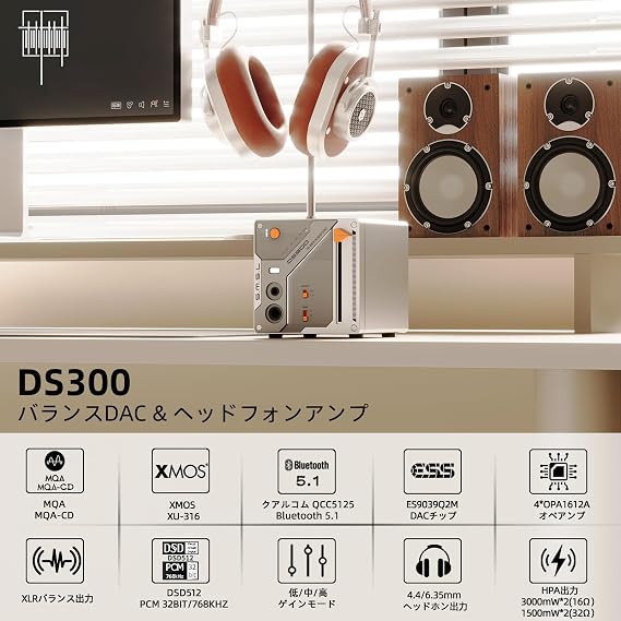 SMSL DS300 Balanced DAC Headphone Amplifier 3000mWx2 ES9039Q2M Chip | Mini USB DAC 6.35mm & 4.4mm ヘッドフォンアンプ MQA MQA-CD XMOS XU-316 32bit/768kHz DSD512 オーディオ デコーダー USB/光/同軸/BT入力 XLR/RCA出力