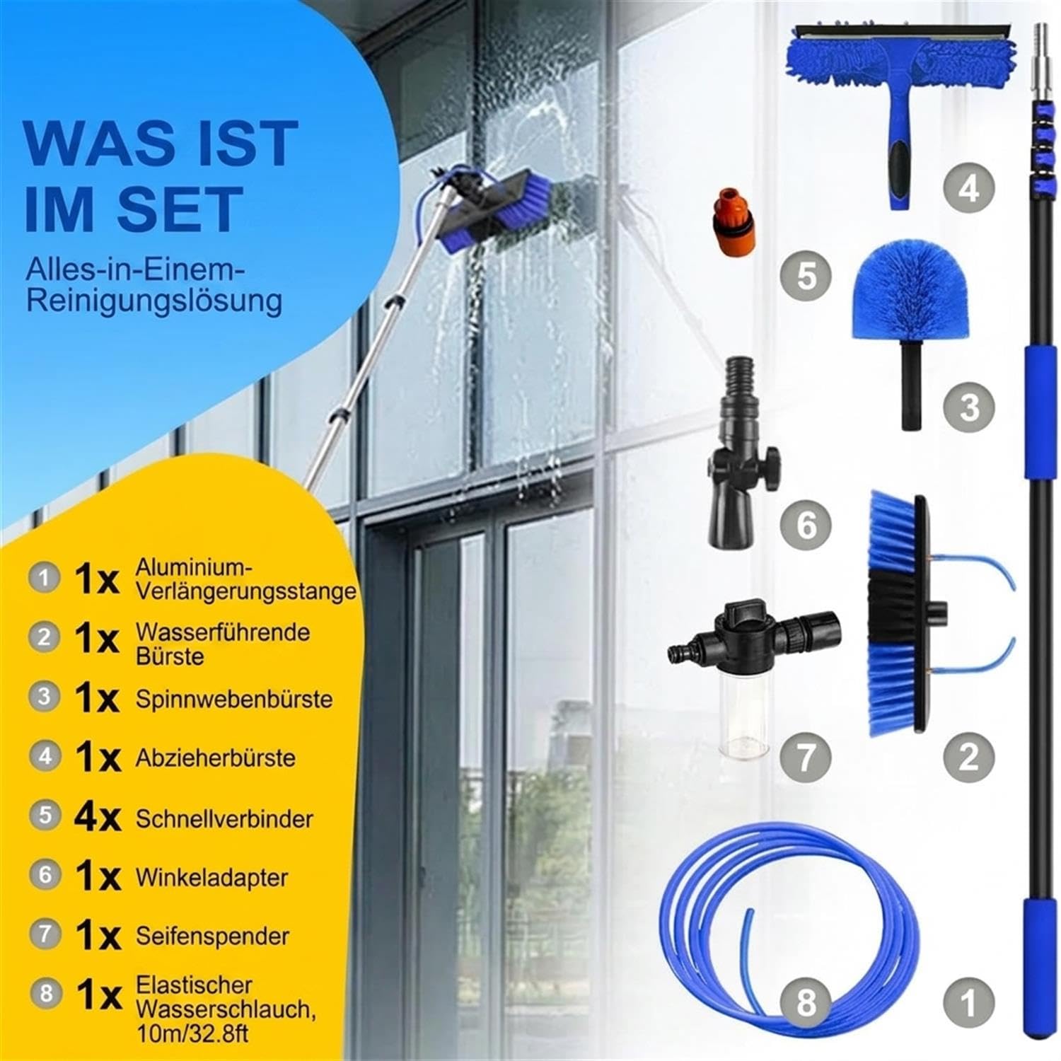 Gresonic Multifunktional Profi fensterputzer Set, wasseranschluss mit 6M Teleskopstiel,Fensterabstreifer Spinnwebenbesen, Profi fensterputzer Set reinigungsset für Solarpanels, Fenster, Dachflächen