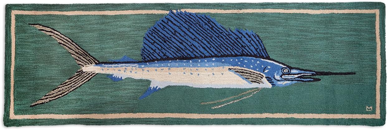 Chandler 4 Corners Artist-Designed Sailfish Hand-Hooked Wool Runner Rug (30 IN x 96 IN) Marine Life-Themed Rug for Entryways, Hallways, Living rooms - Easy Care & Low Maintenance - Ocean, Wildlife Rug