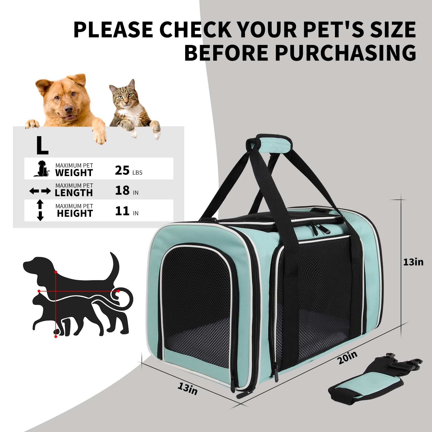 Carriers - Transportador de viaje para mascotas de lado suave para gatos pequeños y perros de menos de 25 libras, bolsa de transporte sólida aprobada por aerolíneas (mediano, verde)