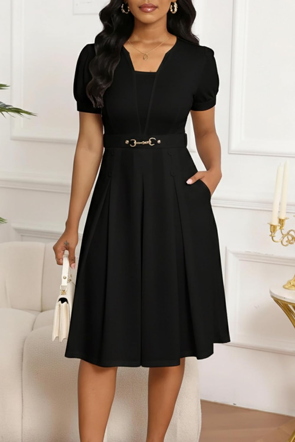 Elainone Short Sleeve Fit and Flare Dress for Women with Pockets A Line Casual Church Wedding Guest Semi Formal Work Dresses - Image 3