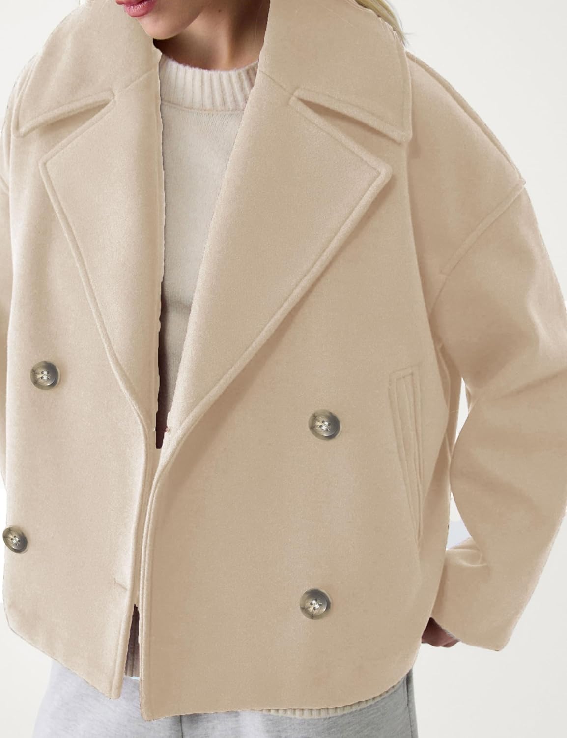 Womens Cropped Pea Coat Long Sleeve Notched Lapel Trench Overcoat Casual Double Breasted Jackets with Pockets - Image 4