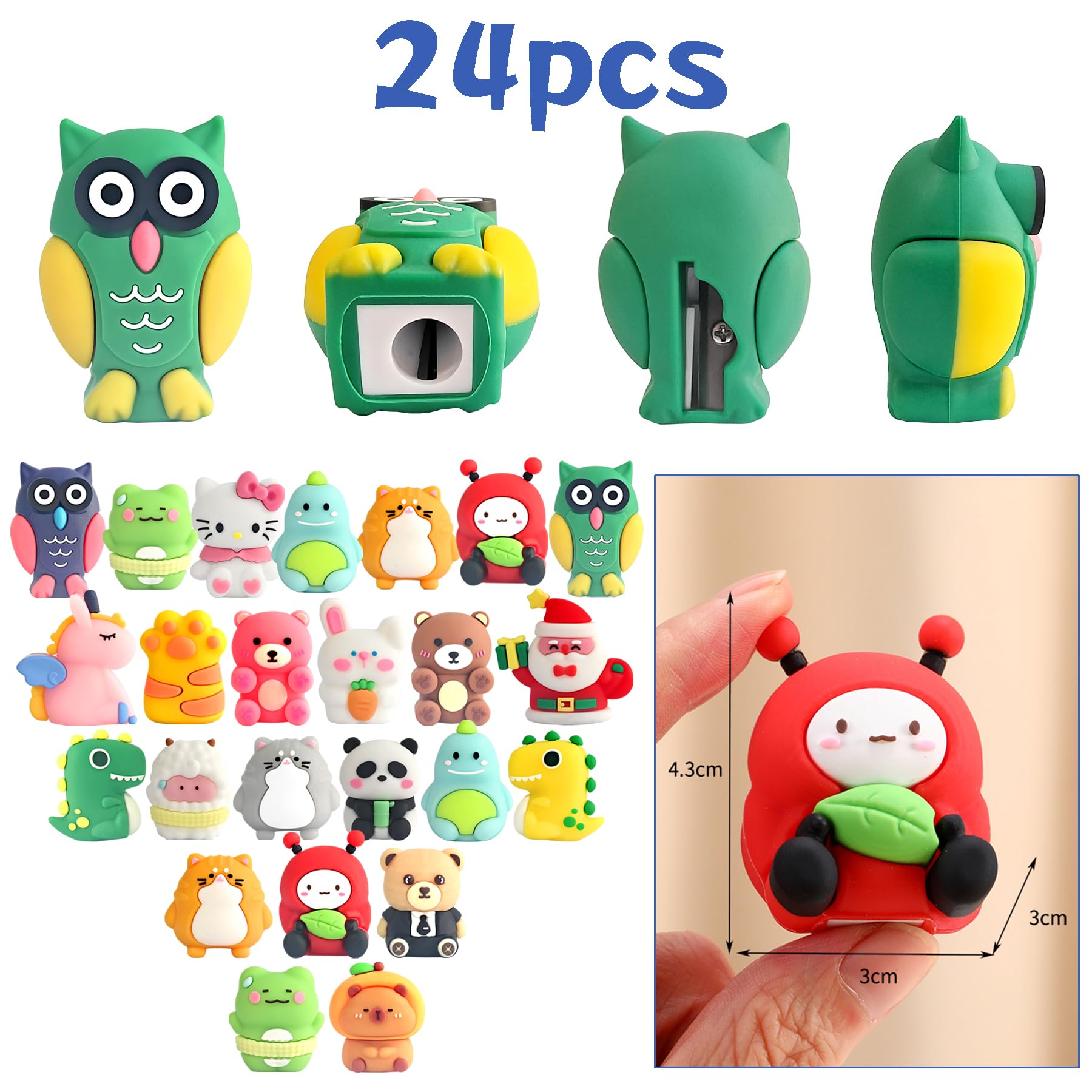 24 PCS Cute Cartoon Pencil Sharpeners,Kawaii Manual Pencil Sharpener,Student Stationery Classroom Prizes - Image 3