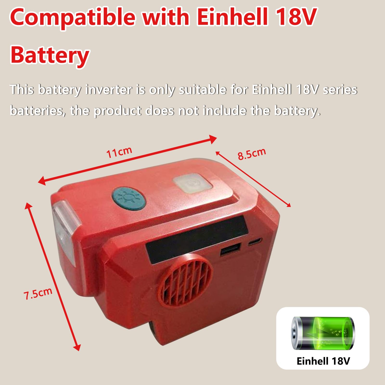 Onduleur de batterie 200 W compatible avec Einhell 18 V, DC 18 V vers AC 220-230 V avec lumière LED 200 lm, convertisseur de tension avec port USB-A, port USB-C, prise pour pique-nique et camping en