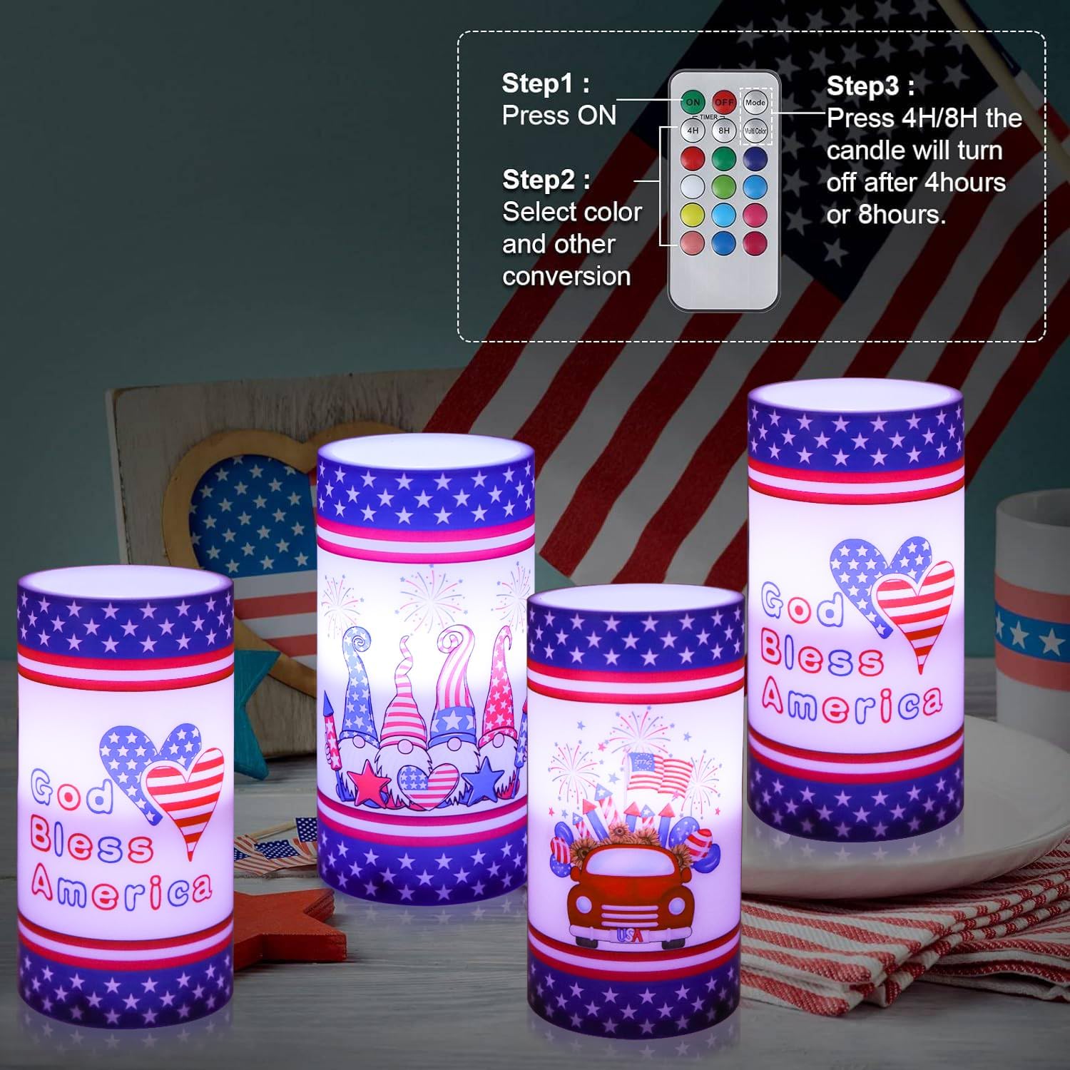 Patriotic American Flag LED Pillar Candles 3Pcs 4th of July Flameless Color Change Candles Lights Battery Operated with Remote Timer for Independence Day Festival Table Decorations, Blue