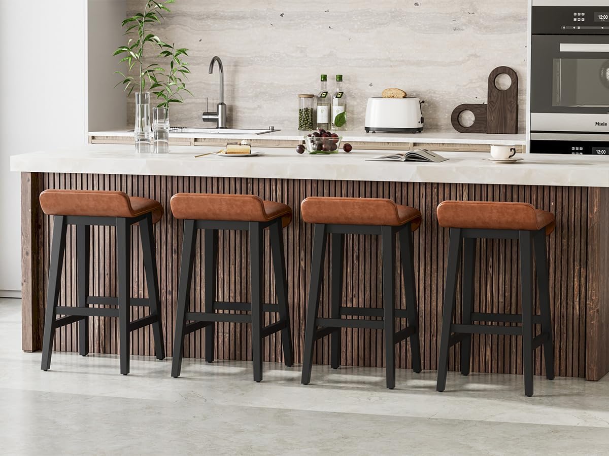 Garvee 26.2" Bar Stools Set of 4, Modern Upholstered Kitchen Stools with Low Back and Footrest, Counter Height Bar Stools with Wood Legs, for Kitchen Counter, Dining Room, Brown