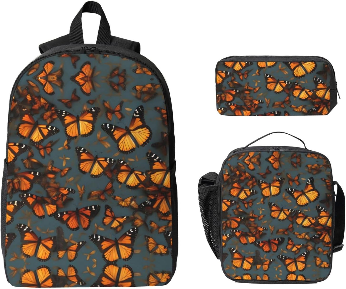 Heaps of Orange Monarch Butterflies print 3 Piece Backpack Bags with Lunch Box Pencil Case Set for Travel Work Camping Unisex